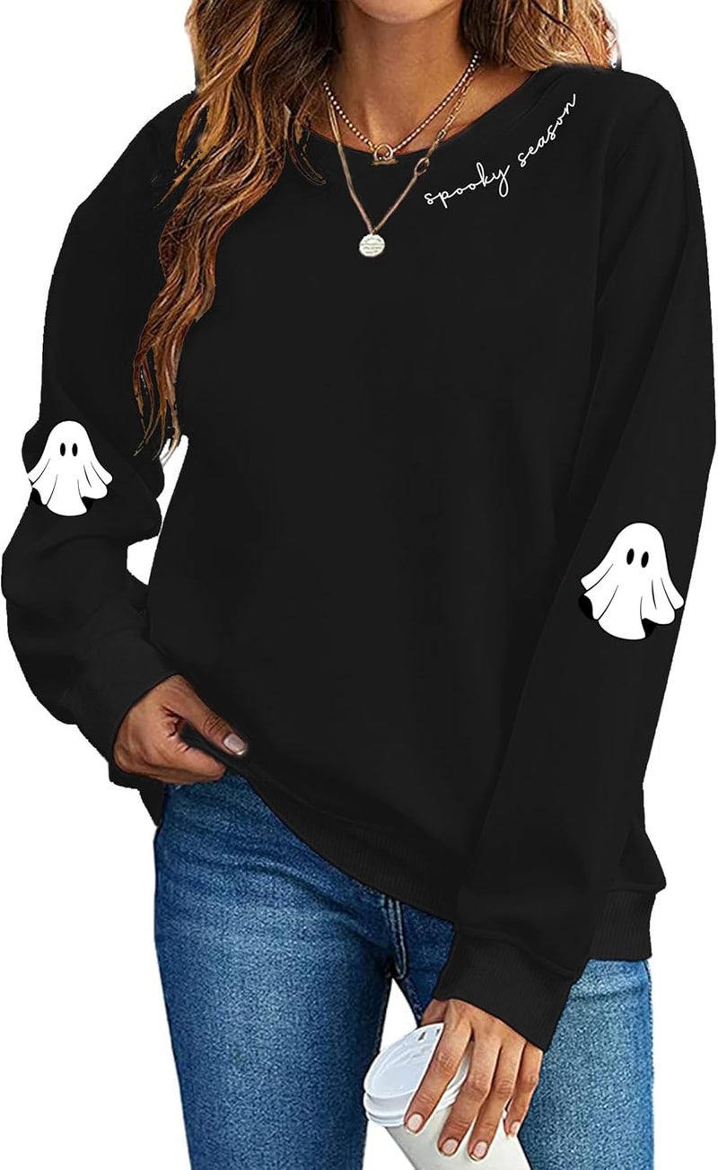Holoholo Halloween Sweatshirts Women Spooky Season Shirt Funny Ghost Graphic Halloween Shirts Long Sleeve Pullover Tops Black - Image 1
